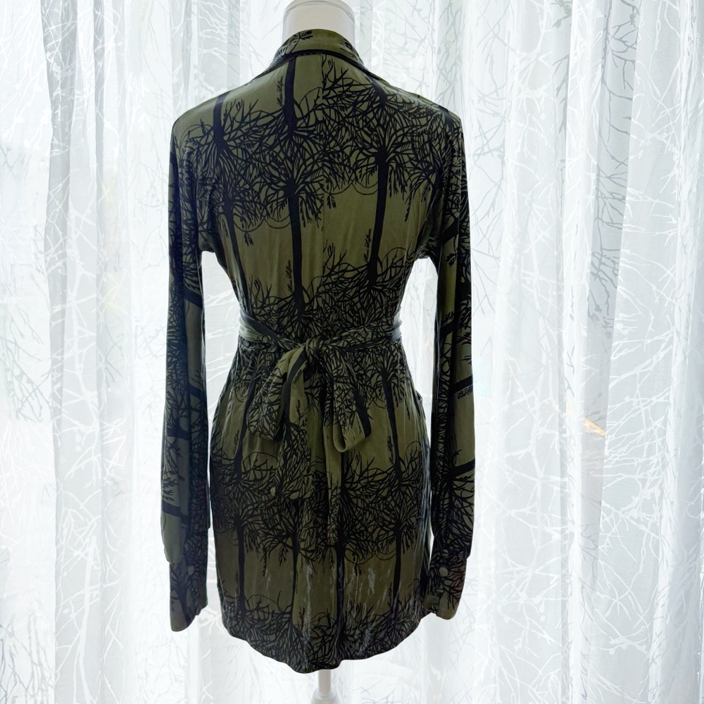 MARA HOFFMAN GREEN BLACK FOREST TREE PRINT SILK LONG SLEEVE WAIST BELT DRESS - Picture 6 of 13